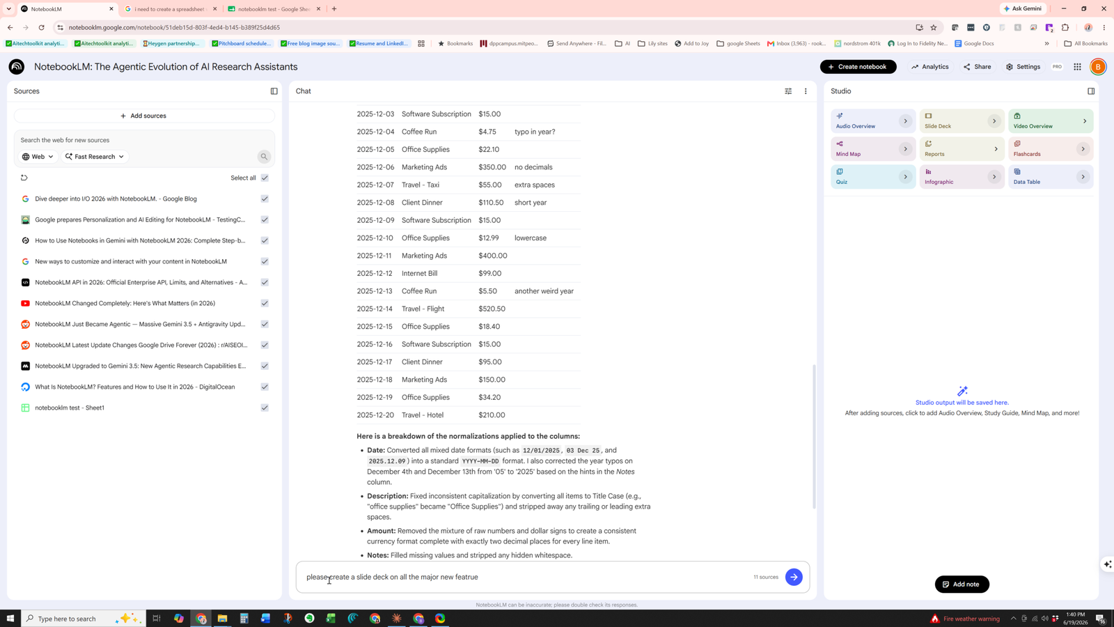 NotebookLM normalizing messy spreadsheet data pulled from a Drive source
