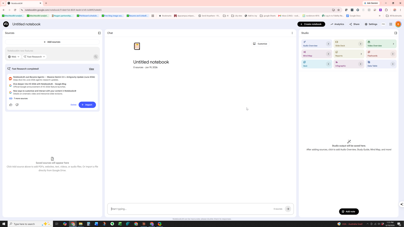 NotebookLM Fast Research completed, listing sources it found on its own