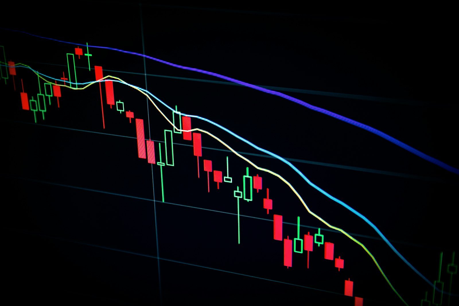 Stock market candlestick chart on a dark screen