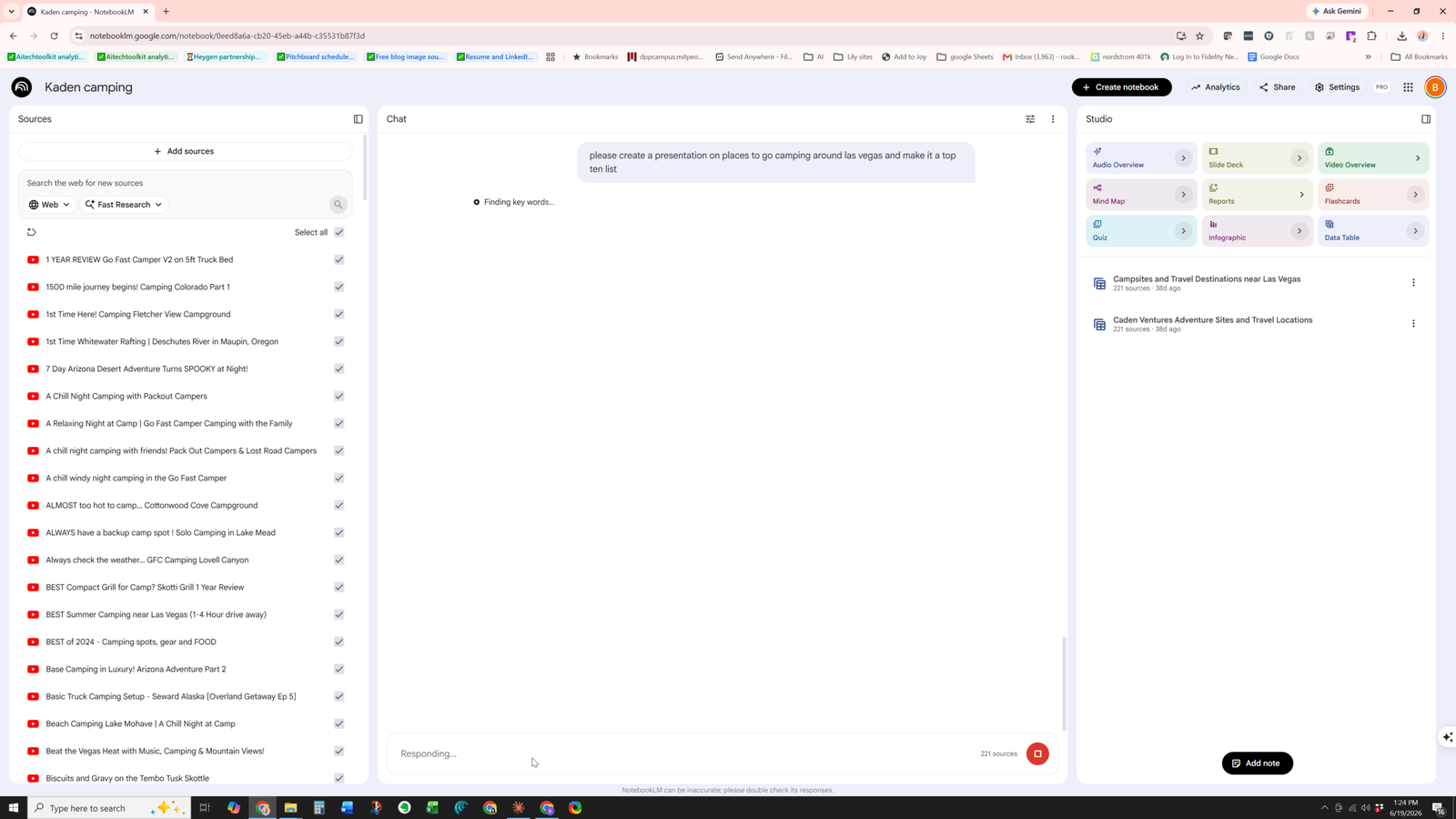 NotebookLM prompt creating a top-ten Las Vegas camping presentation, with the Studio panel showing Slide Deck and other outputs