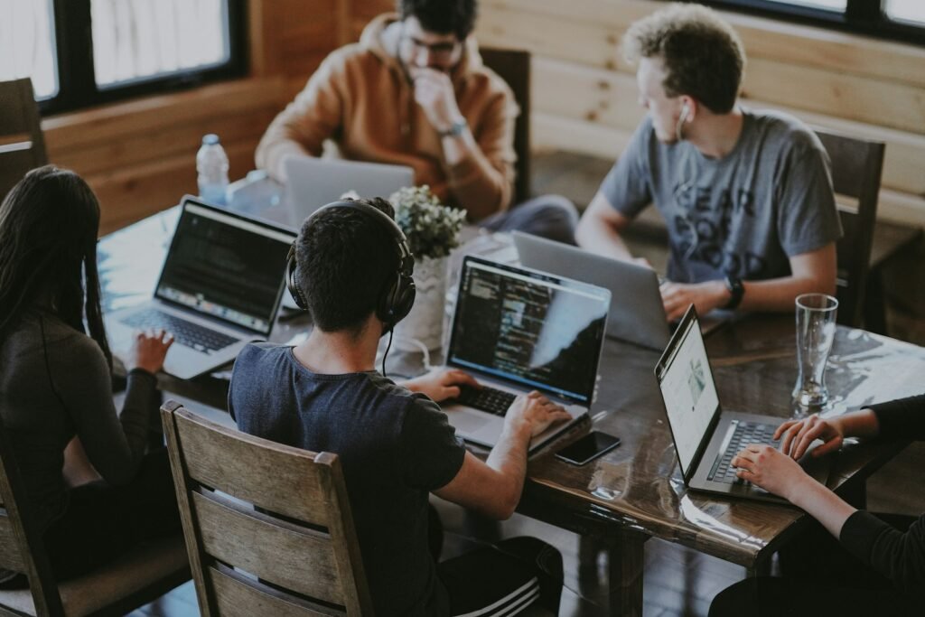 Team collaborating around a table in an office