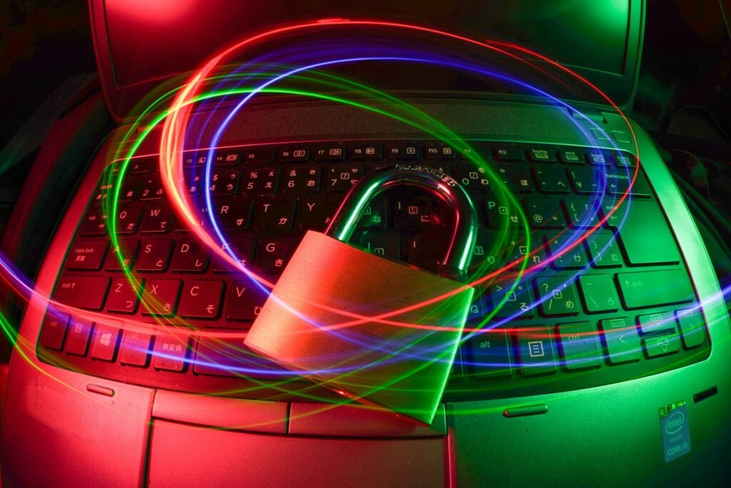 Padlock on a laptop with light trails, representing a hijacked AI coding agent