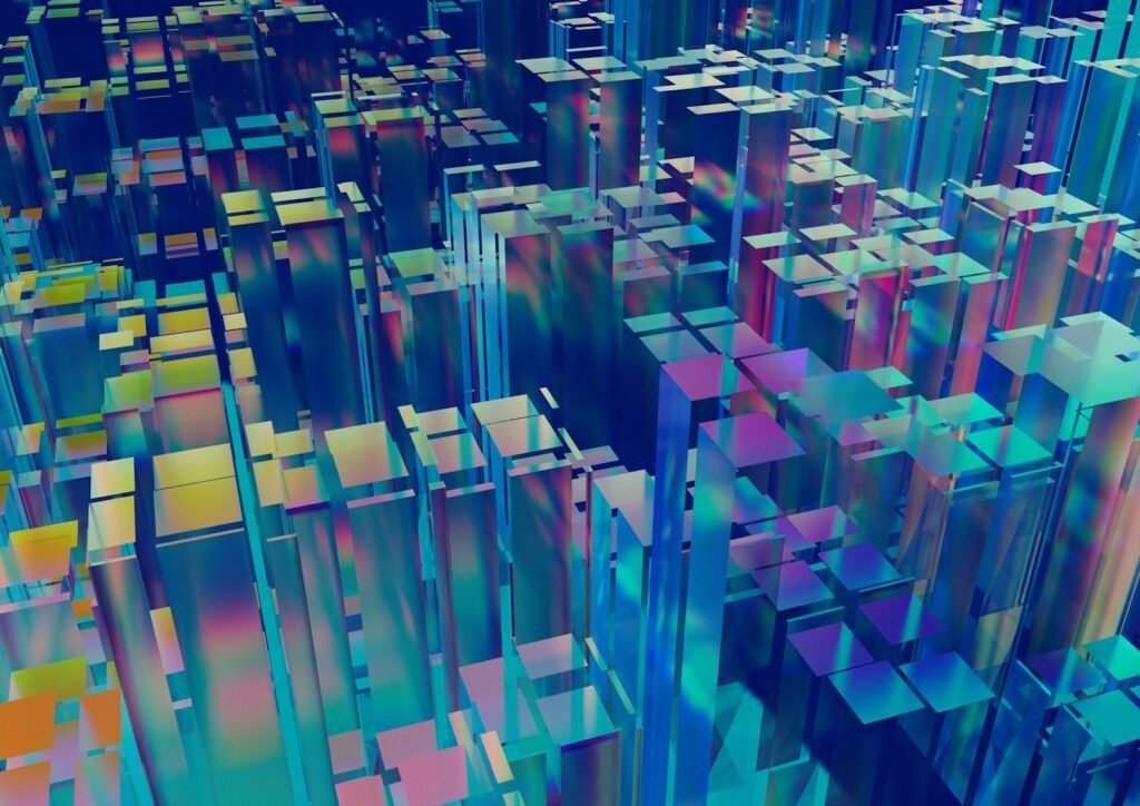 Abstract arrangement of colourful geometric objects