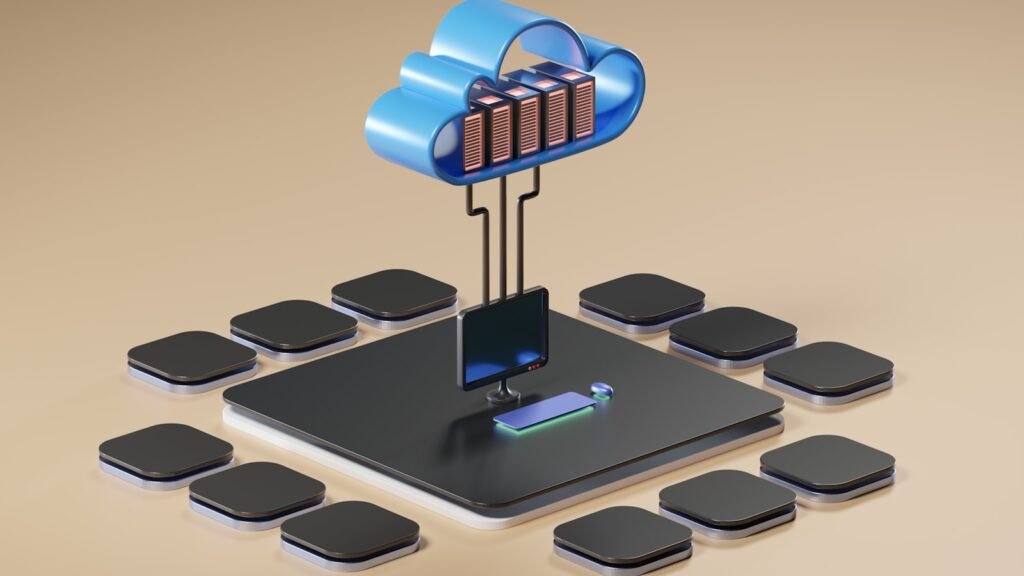 Three-dimensional render of a cloud computing concept