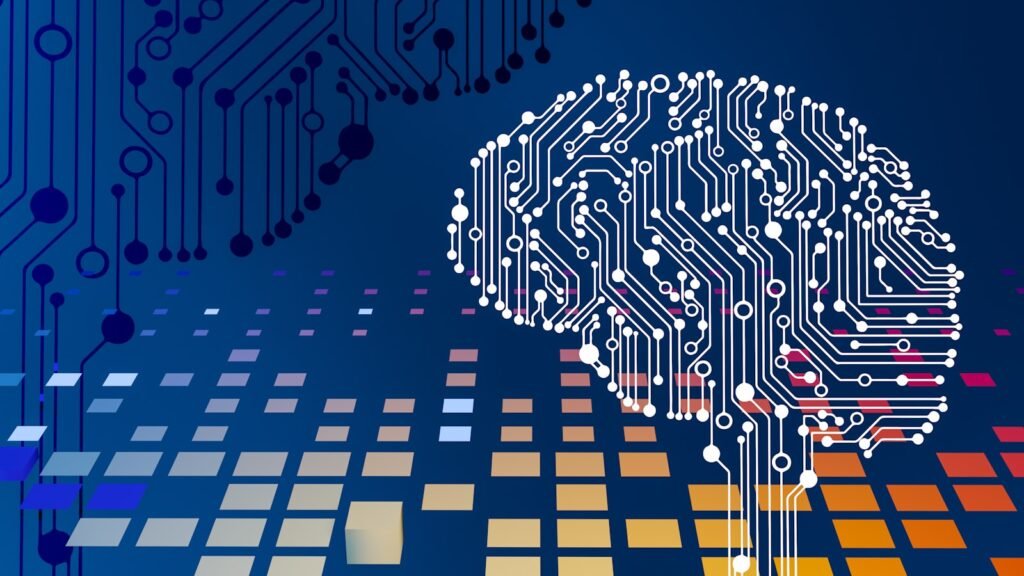 Computer circuit board with a brain motif, representing AI models