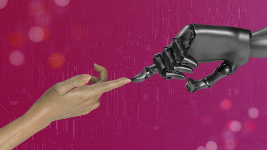 Two hands reaching toward each other against a pink background
