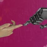 Two hands reaching toward each other against a pink background