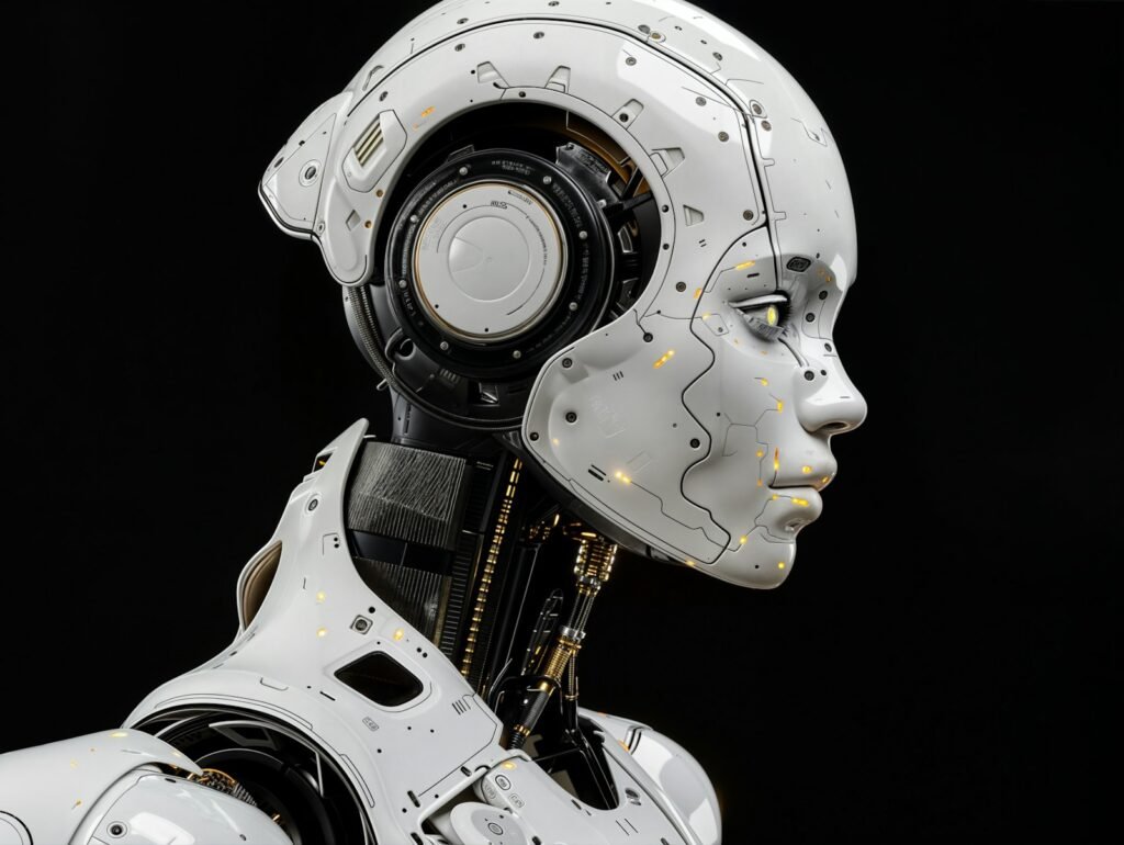 White humanoid robot standing against a dark background