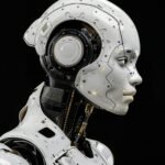 White humanoid robot standing against a dark background